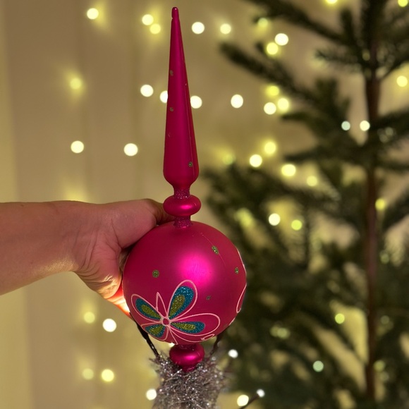 Christmas Tree Top Bright Pink Holiday Ornament with Floral Design - Picture 1 of 14